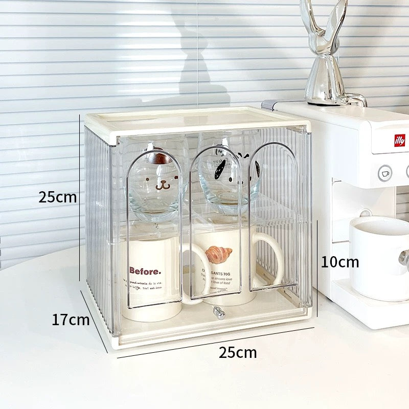 Stackable Double-Layer Cup Storage Rack - Dustproof & Space-Saving Cream Design