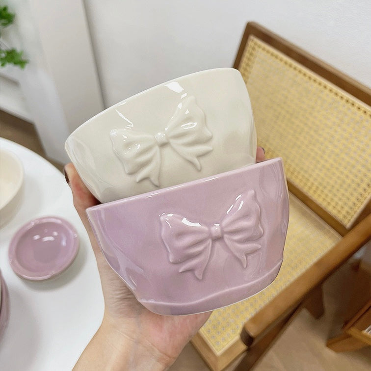 Butterfly Bow Ceramic Cereal Bowls Set - Set of 2 | Creamy White & Lavender Purple