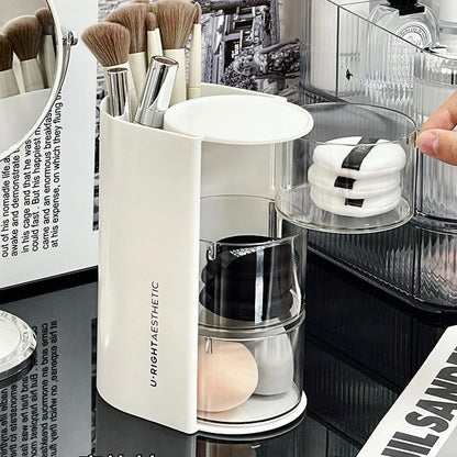 Rotating Makeup Brush and Sponge Organizer – Compact 3-Tier Storage Box