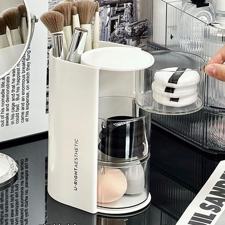 Rotating Makeup Brush and Sponge Organizer – Compact 3-Tier Storage Box