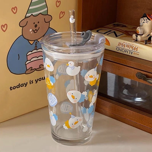 Adorable Duck Glass Straw Cup | Portable and Compact, 400ML Capacity