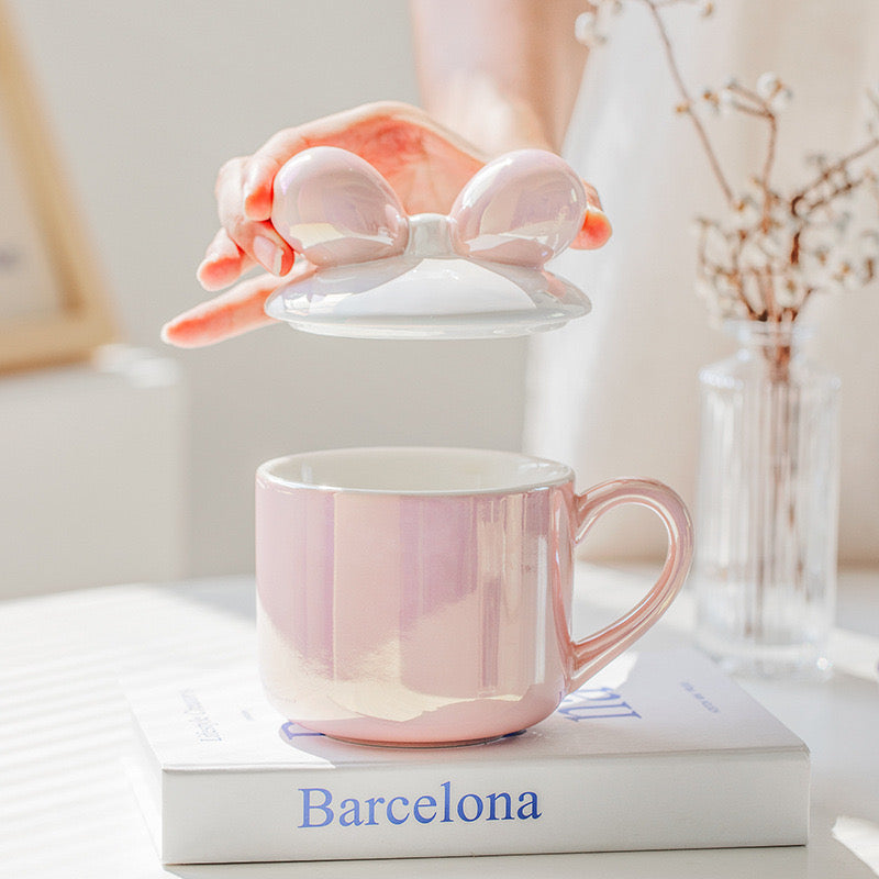 Pearl Glaze Bow Ceramic Mug with Lid | 380ml Fairy-Inspired Mug