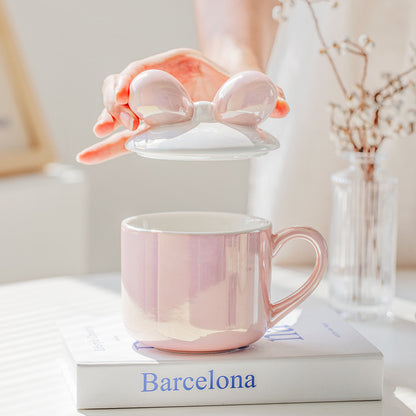 Pearl Glaze Bow Ceramic Mug with Lid | 380ml Fairy-Inspired Mug