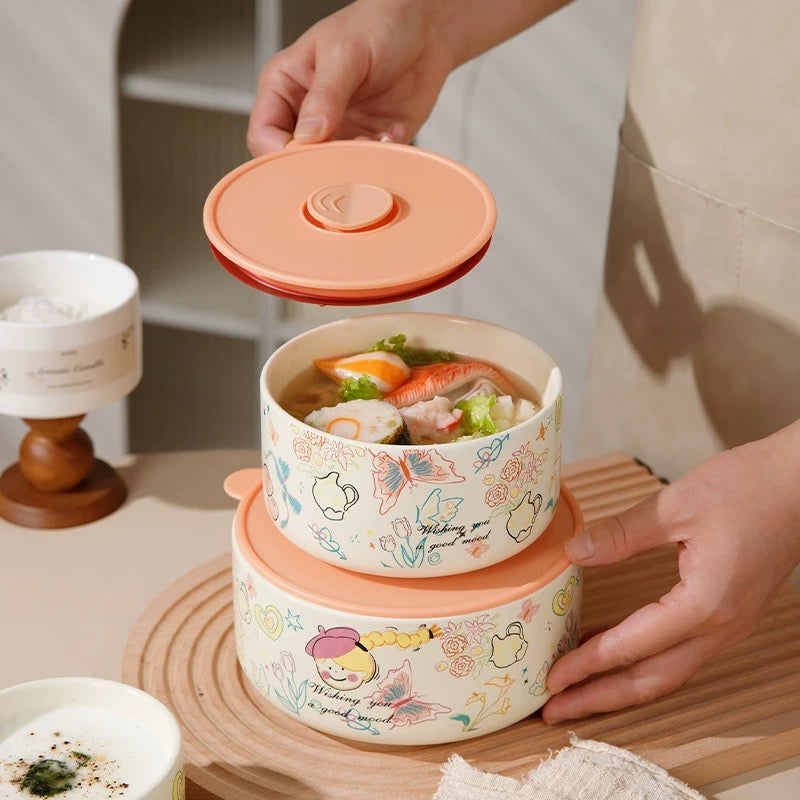 Crayon Doodle Ceramic Storage Bowl with Lid - Cute and Versatile Design, Multiple Sizes