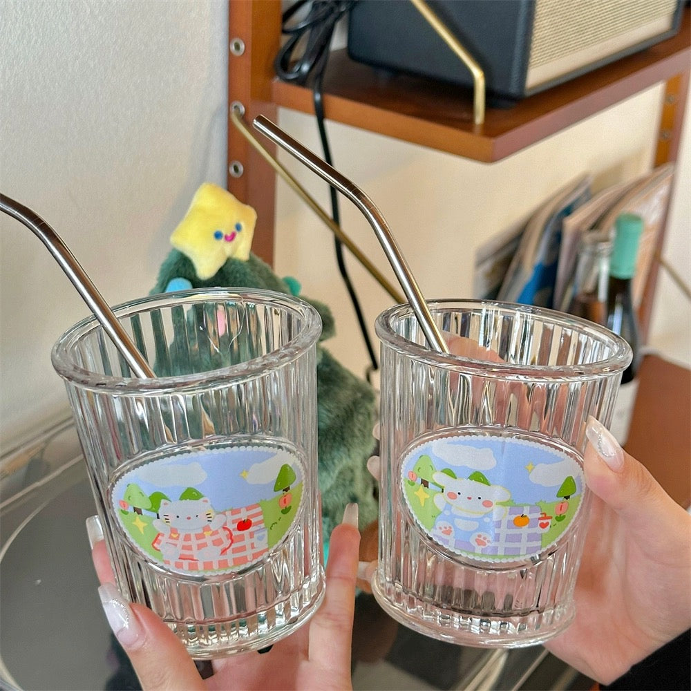 Picnic Diary Glass Cup - with Stainless Steel Straw, 350ML Capacity