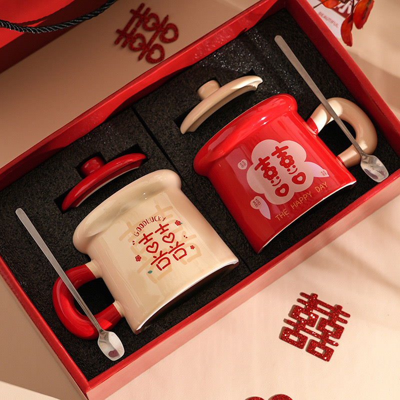 Double Happiness Ceramic Mug Gift Set – Traditional Chinese Wedding Tea Cups with Lids & Spoons