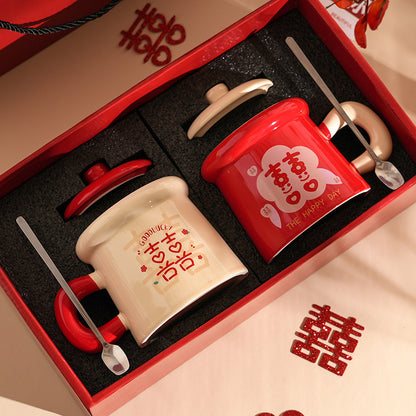 Double Happiness Ceramic Mug Gift Set – Traditional Chinese Wedding Tea Cups with Lids & Spoons