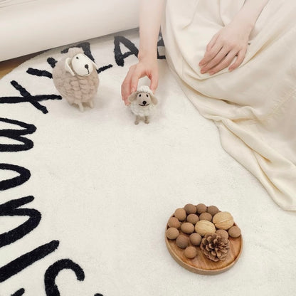 Black and White Alphabet Plush Bedside Rug | Ultra-Soft 100x100cm Round Carpet | Cozy & Soft Design