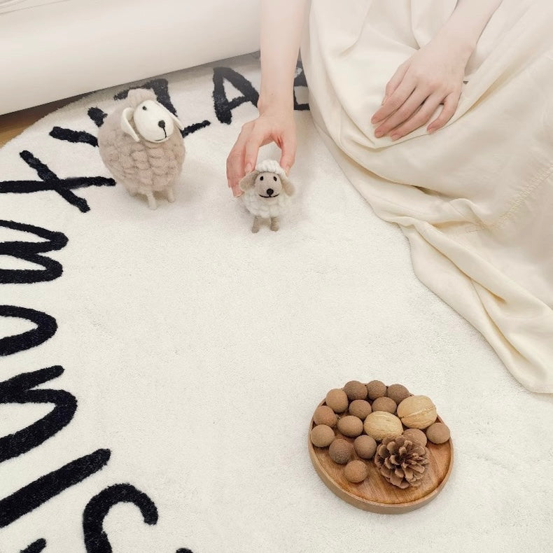 Black and White Alphabet Plush Bedside Rug | Ultra-Soft 100x100cm Round Carpet | Cozy & Soft Design