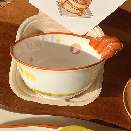 Cute Croissant-Handle Ceramic Bowl – Perfect for Yogurt & Cereal, 600ml Capacity