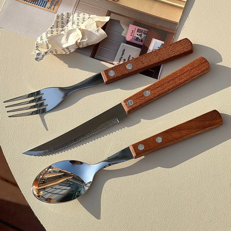Riveted Wooden Handle Stainless Steel Utensil Set - Set of 3