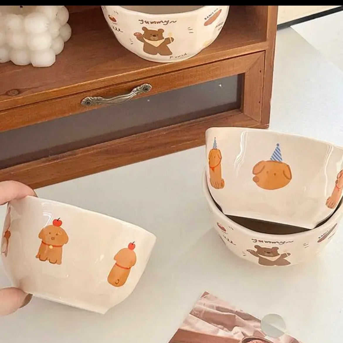 Cute Cartoon Ceramic Cereal Bowl – Apple Dog, Cookie Dog, Bread Bear | Microwave & Dishwasher Safe