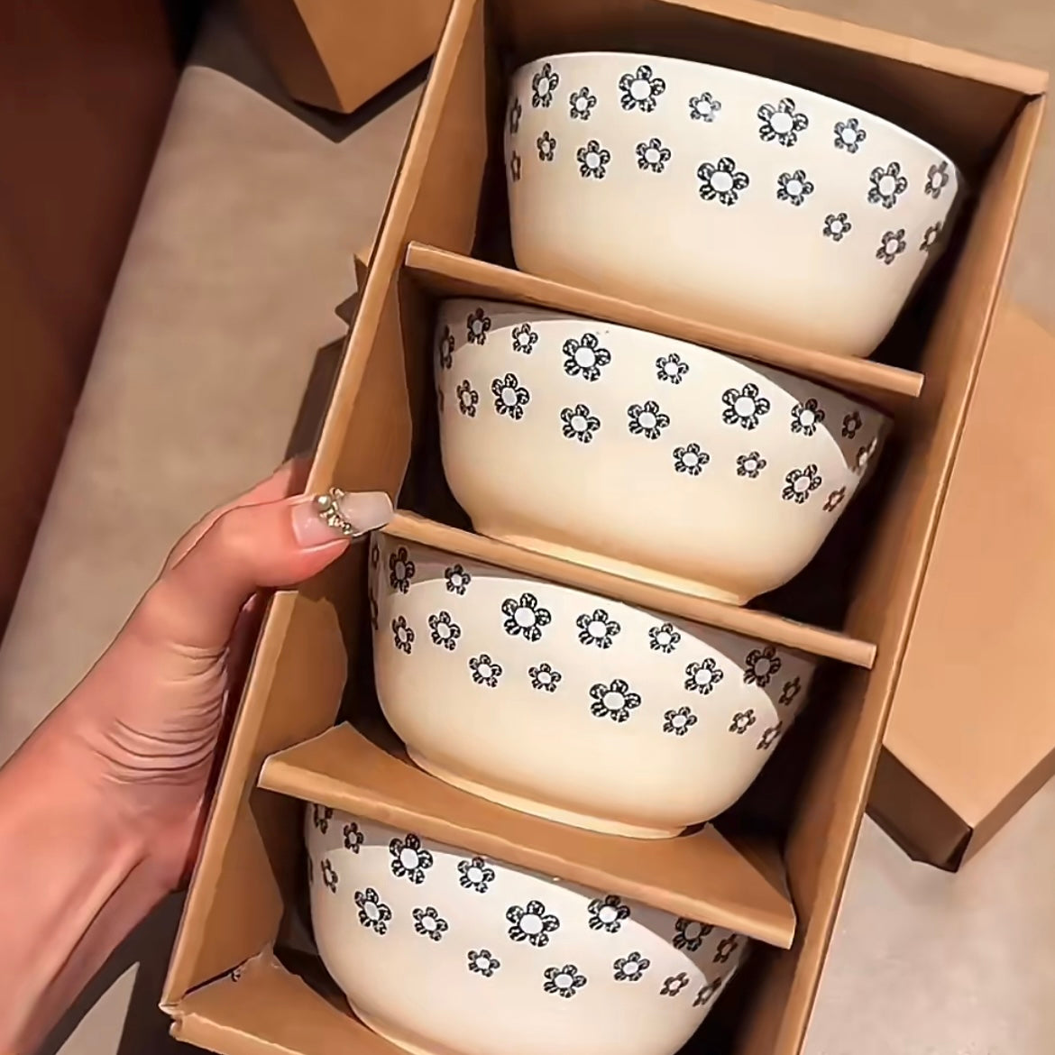 Blue Blossom Ceramic Bowl Gift Set – Set of 4, Perfect for Gifting