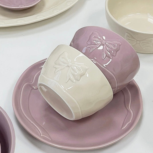 Butterfly Bow Ceramic Cereal Bowls Set - Set of 2 | Creamy White & Lavender Purple