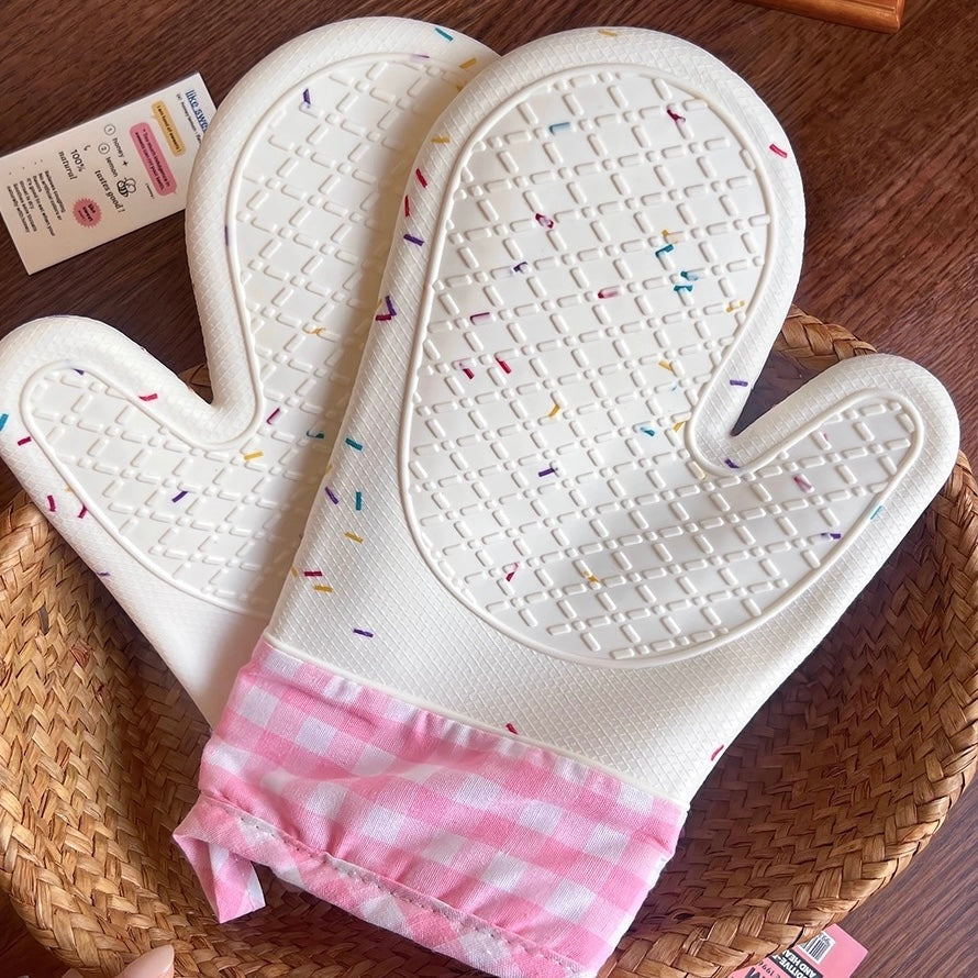 Cute Pink Heat-Resistant Silicone Oven Gloves - Set of 2, Non-Slip Baking Mitts for Cooking & Baking
