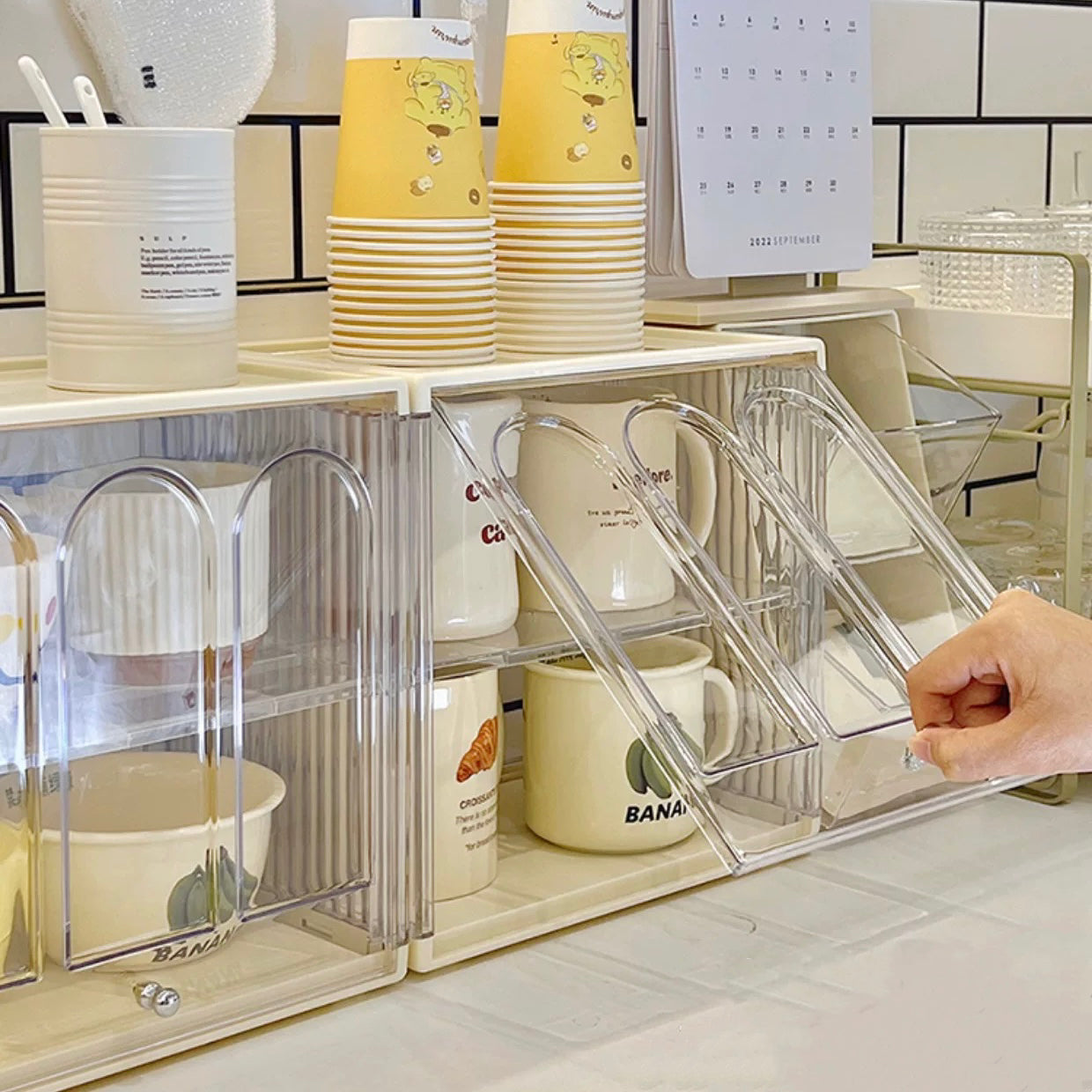 Stackable Double-Layer Cup Storage Rack - Dustproof & Space-Saving Cream Design