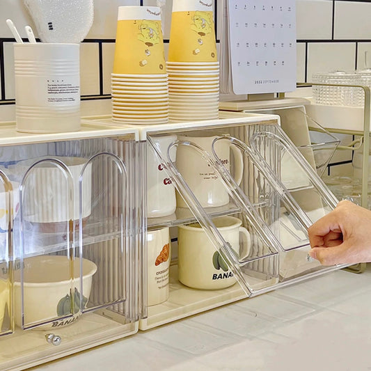 Stackable Double-Layer Cup Storage Rack - Dustproof & Space-Saving Cream Design