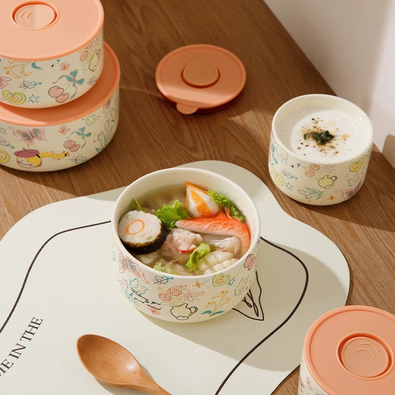 Crayon Doodle Ceramic Storage Bowl with Lid - Cute and Versatile Design, Multiple Sizes