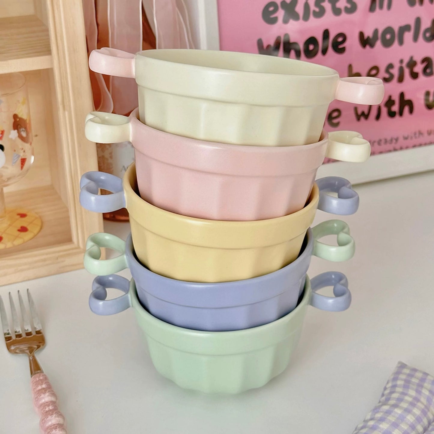 Macaron Color Double-Handle Yogurt Bowl - Cute Heart-Shaped Design