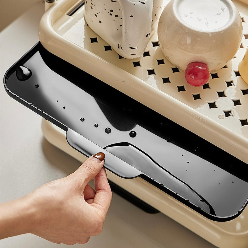 Two-Tier Cup Drying Rack with Handles | Creamy White & Black Drip Tray