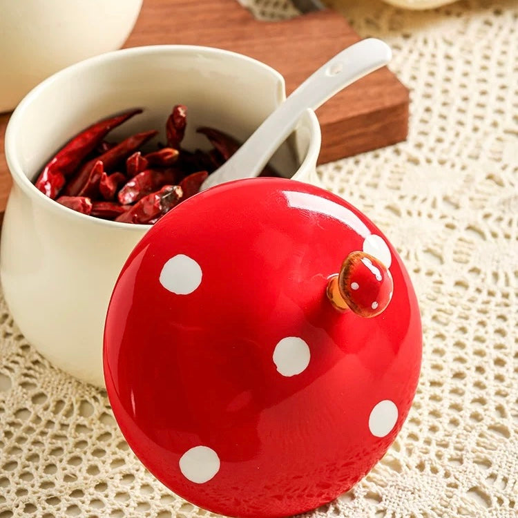 Mushroom Ceramic Oil Jar with Spoon - 600ml Storage for Chili Oil & Condiments