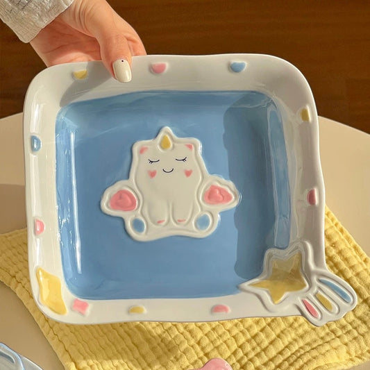 Adorable Pastel Blue Unicorn Plate - Square Ceramic Dish for Desserts & Salads