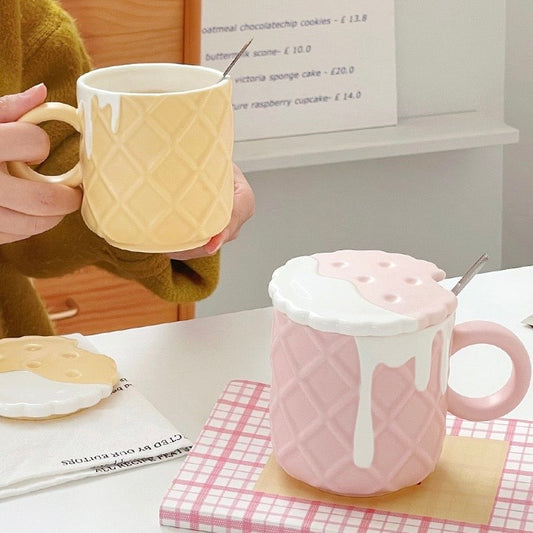 Ice Cream Cone Ceramic Mug with Cookie Lid and Spoon | 420ML Large Capacity