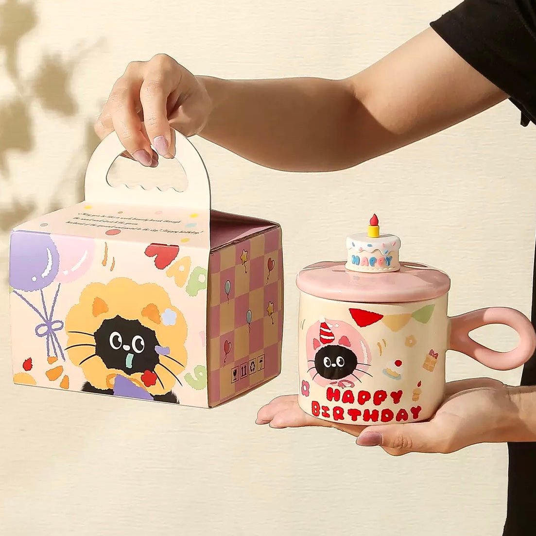 Birthday Cake Cat Ceramic Mug – 350ml with Lid – Perfect Birthday Gift