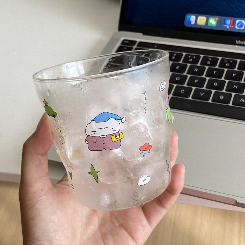 Sleepy Kitty Cartoon Glass Mug | 320ML Capacity, Dishwasher Safe