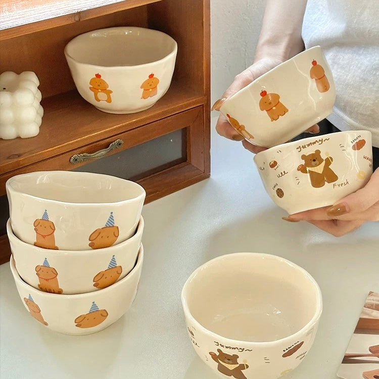Cute Cartoon Ceramic Cereal Bowl – Apple Dog, Cookie Dog, Bread Bear | Microwave & Dishwasher Safe