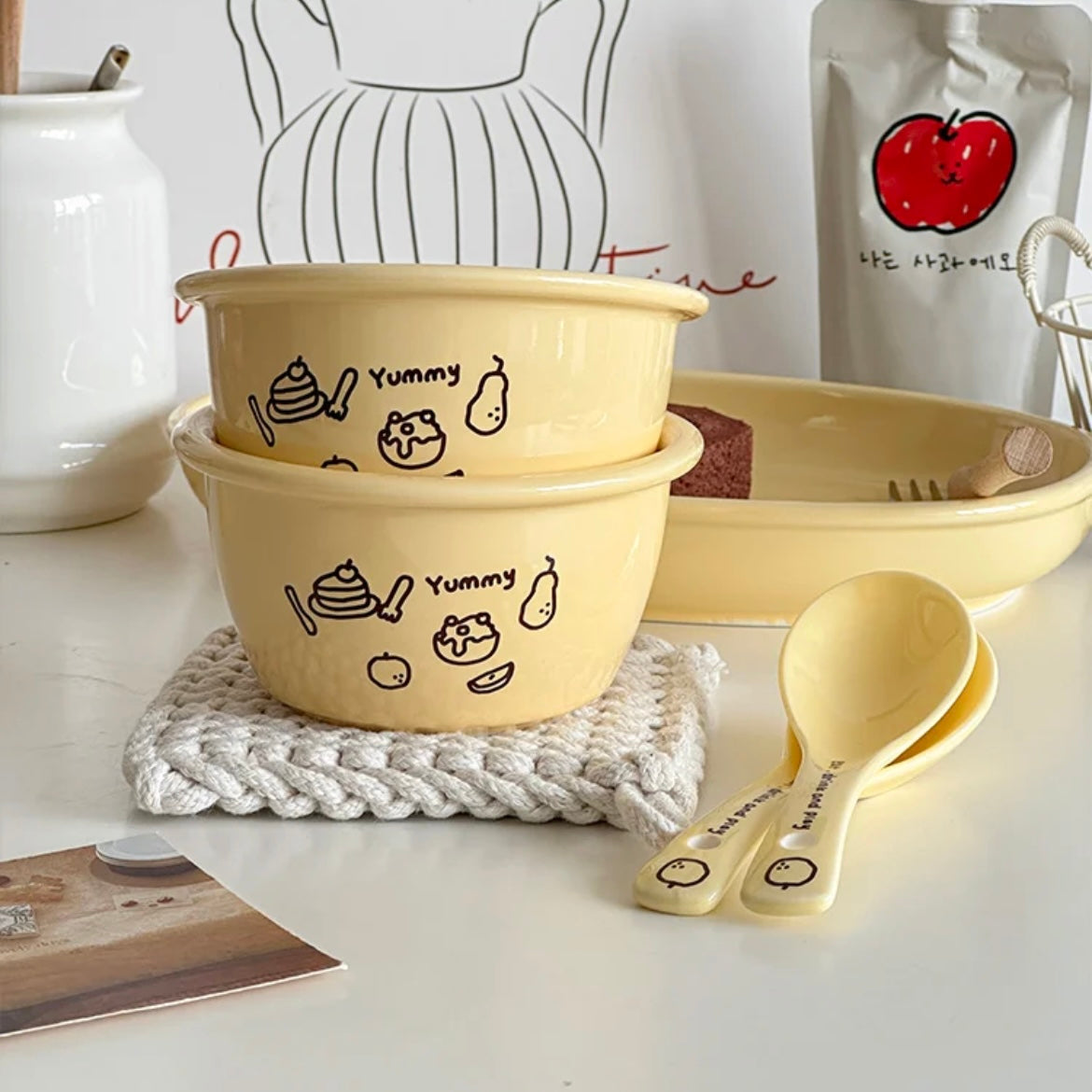 Cheese Yellow Ceramic Dinnerware Set – Set of 3 | Bowl, Oval Plate & Spoon with Fun Illustrations