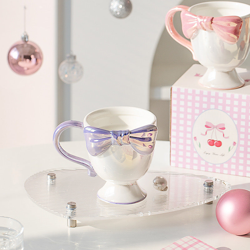 Pearl Glaze Tall Mug with Bow – Elegant Ceramic Coffee Cup, Gift Box Included