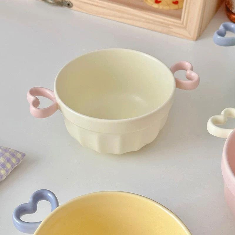 Macaron Color Double-Handle Yogurt Bowl - Cute Heart-Shaped Design