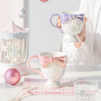 Pearl Glaze Tall Mug with Bow – Elegant Ceramic Coffee Cup, Gift Box Included