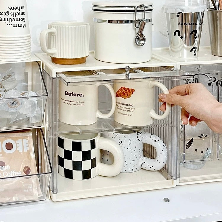 Stackable Double-Layer Cup Storage Rack - Dustproof & Space-Saving Cream Design