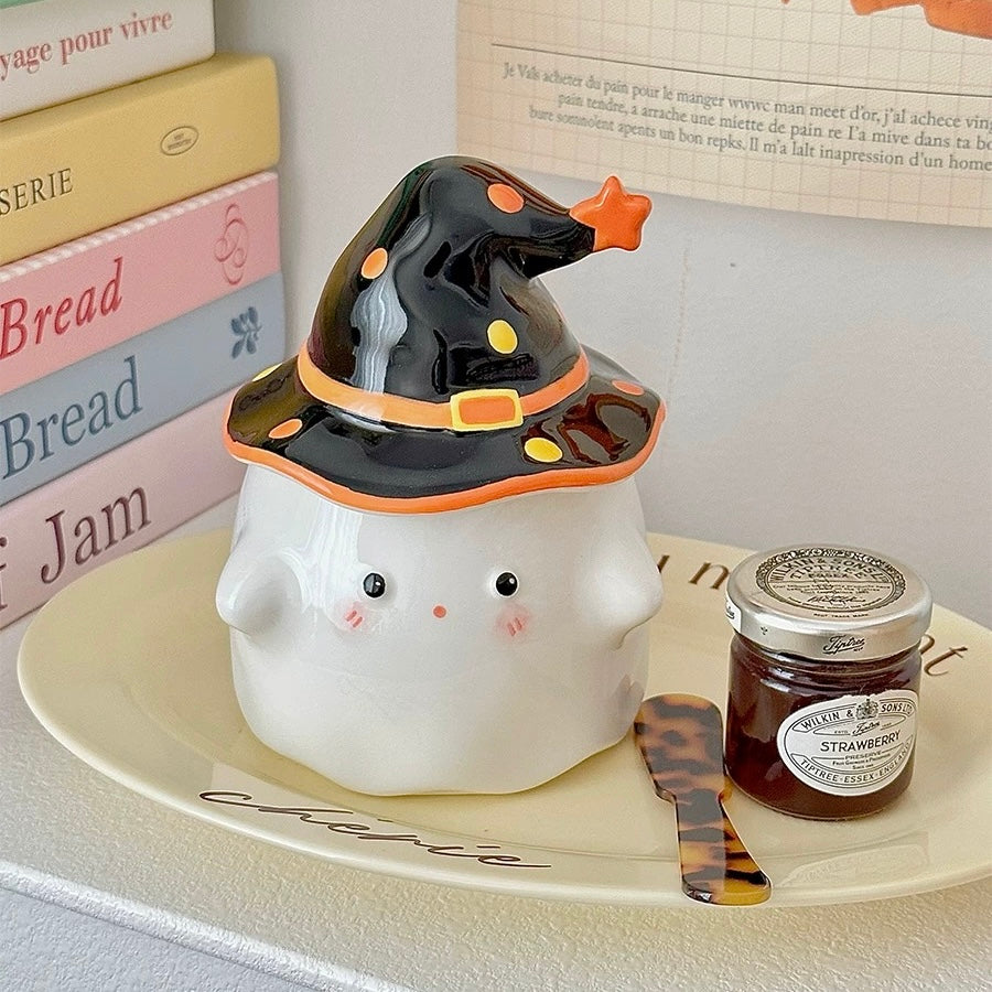 Cute Ghost Ceramic Mug with Wizard Hat Lid | 350ml Capacity, Perfect for Couples