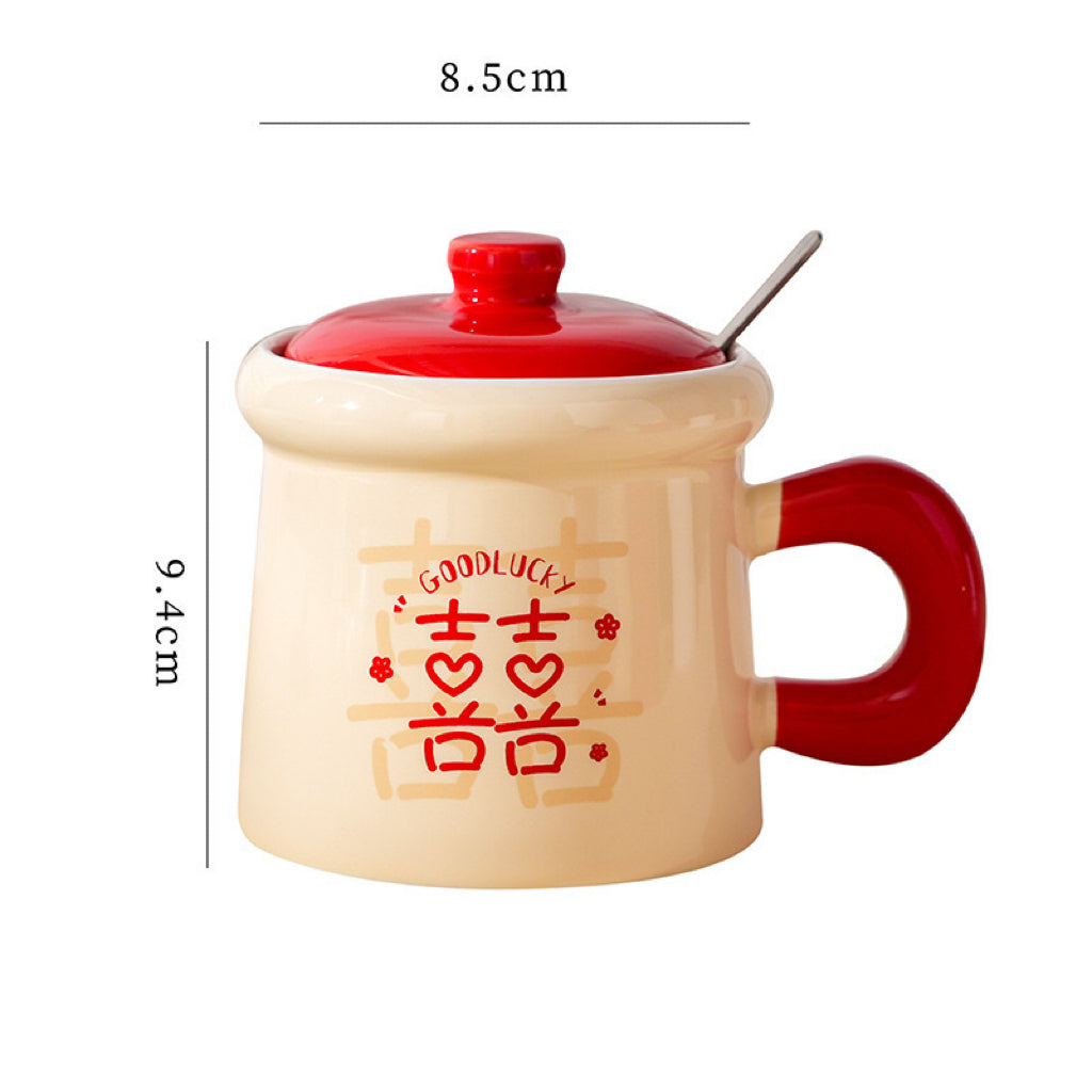 Double Happiness Ceramic Mug Gift Set – Traditional Chinese Wedding Tea Cups with Lids & Spoons