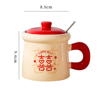 Double Happiness Ceramic Mug Gift Set – Traditional Chinese Wedding Tea Cups with Lids & Spoons
