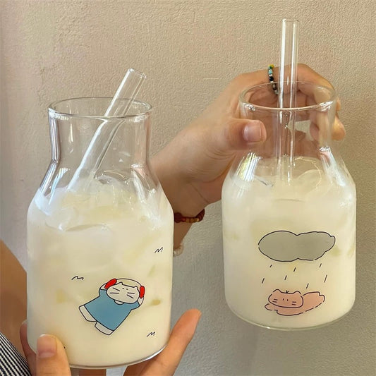 Adorable Cat Line-Art Glass Pitcher with Thick Straw, 650ML Capacity