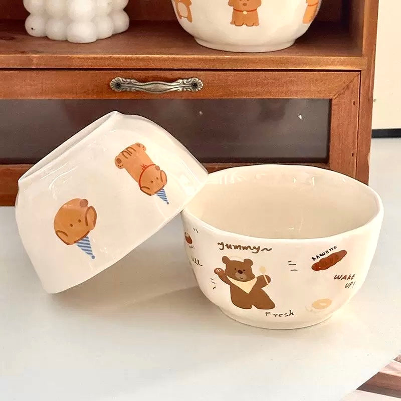 Cute Cartoon Ceramic Cereal Bowl – Apple Dog, Cookie Dog, Bread Bear | Microwave & Dishwasher Safe