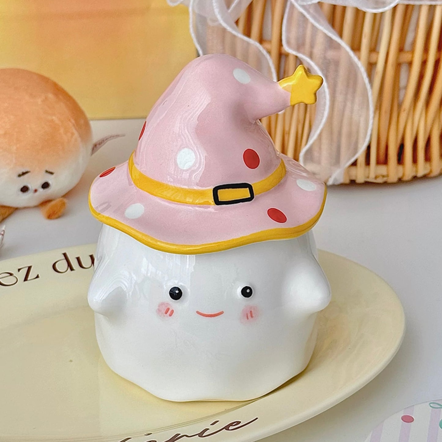 Cute Ghost Ceramic Mug with Wizard Hat Lid | 350ml Capacity, Perfect for Couples
