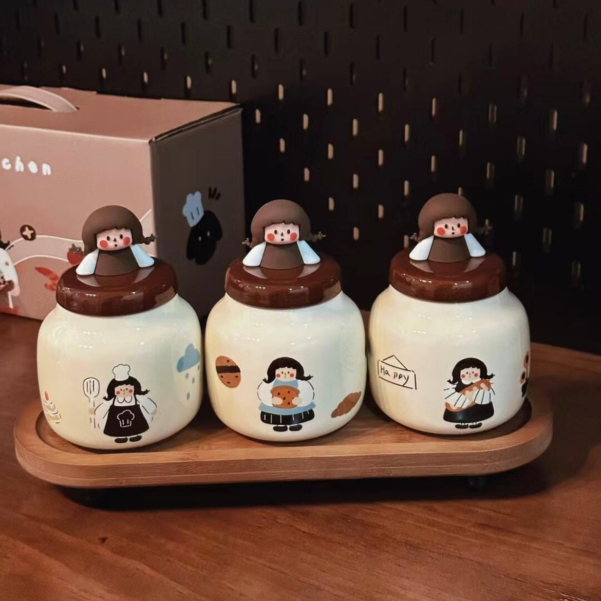 Little Chef Spice Jar Gift Set | Ceramic Condiment Containers with Wooden Tray