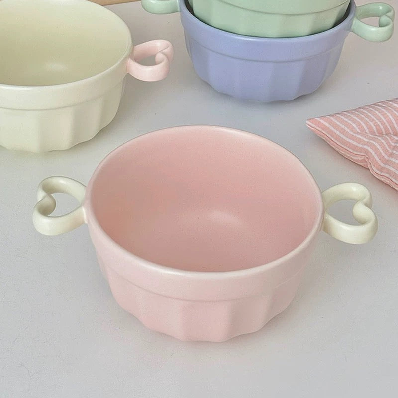 Macaron Color Double-Handle Yogurt Bowl - Cute Heart-Shaped Design