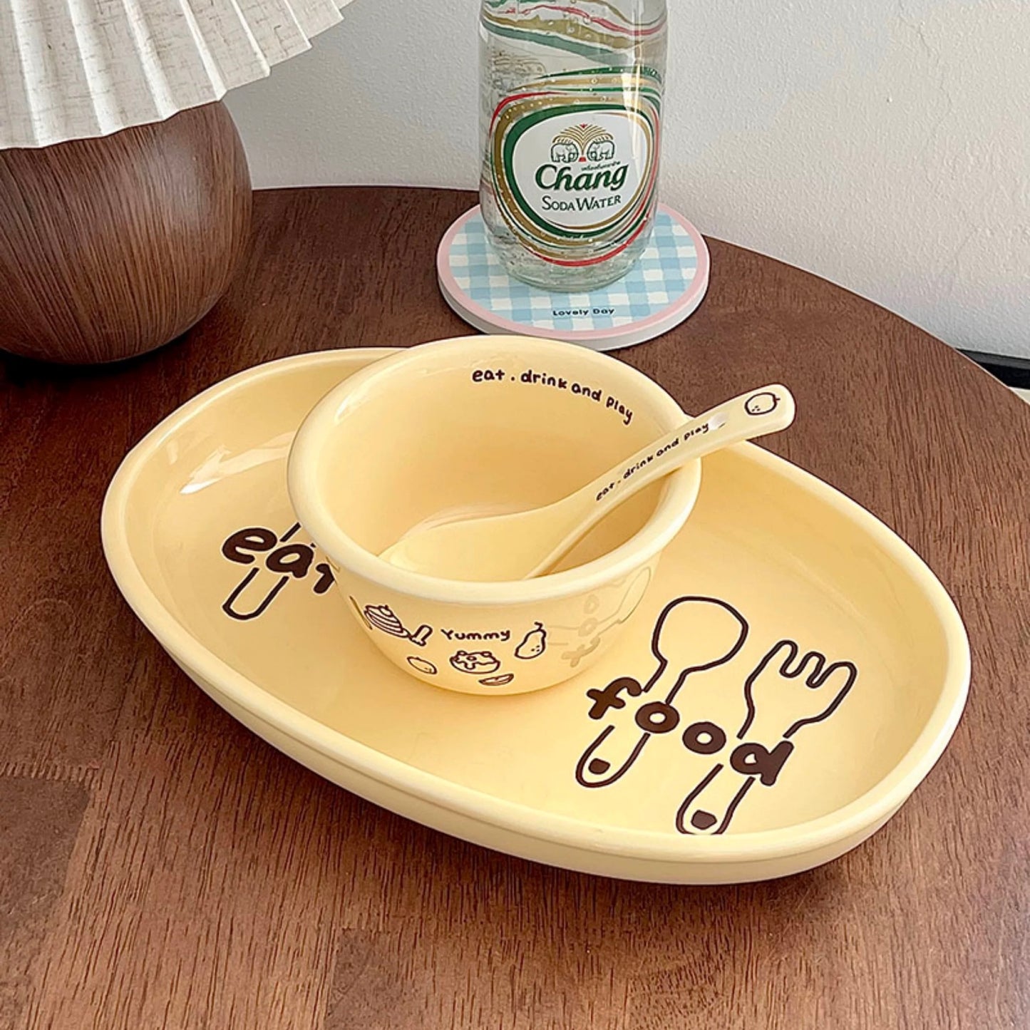 Cheese Yellow Ceramic Dinnerware Set – Set of 3 | Bowl, Oval Plate & Spoon with Fun Illustrations