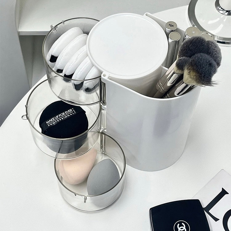 Rotating Makeup Brush and Sponge Organizer – Compact 3-Tier Storage Box