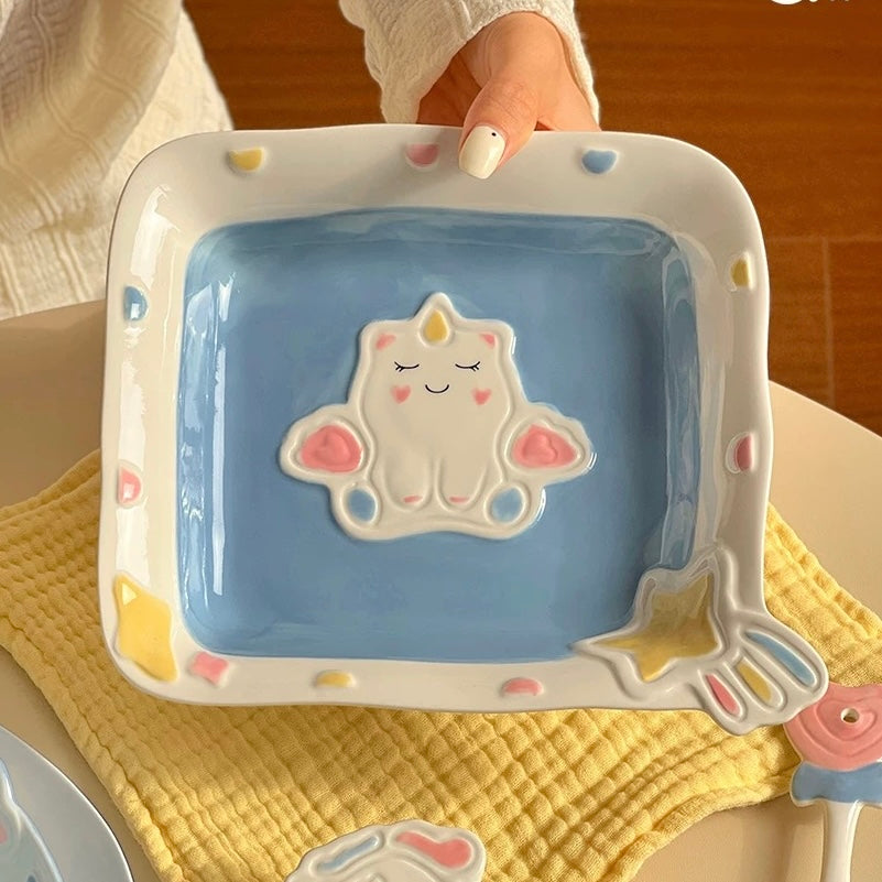 Adorable Pastel Blue Unicorn Plate - Square Ceramic Dish for Desserts & Salads
