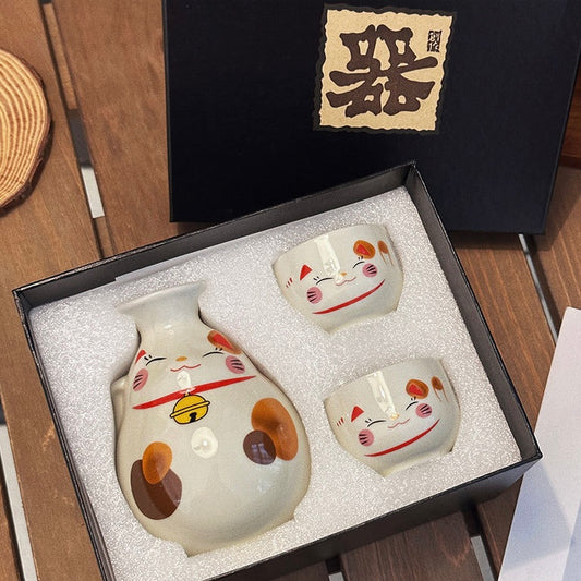 Lucky Cat Ceramic Sake Set - Japanese Gift Packaging, 1 Bottle & 2 Cups