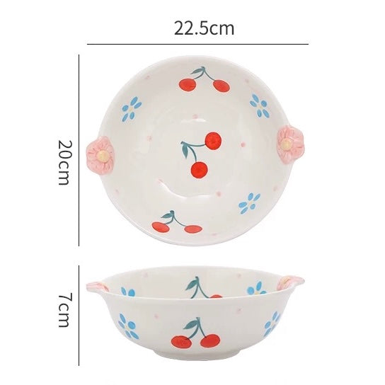 Cherry Blossom Hand-Painted Dinnerware Set | Cute Floral Design with Handles | Microwave & Dishwasher Safe