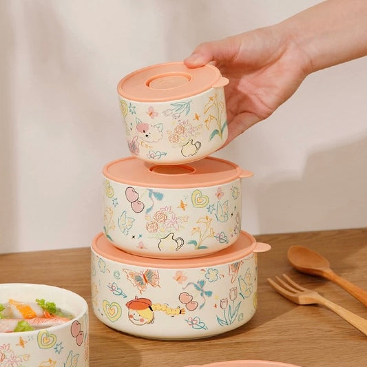 Crayon Doodle Ceramic Storage Bowl with Lid - Cute and Versatile Design, Multiple Sizes