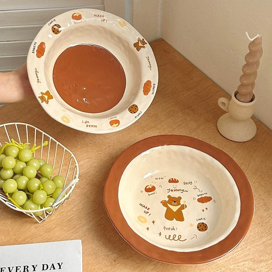 Brown Bear Hand-Pinched Ceramic Plate – 8.25 Inch Deep Dish for Soups and Salads